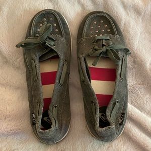 Roxy Ahoy II boat shoes charcoal gray with metal details, women's size 8.5